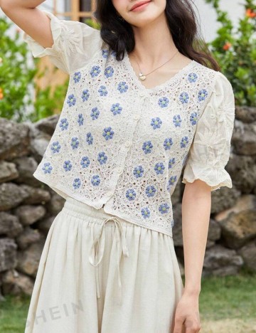 Cămașă cu m&acirc;necă scurtă Shein, bej