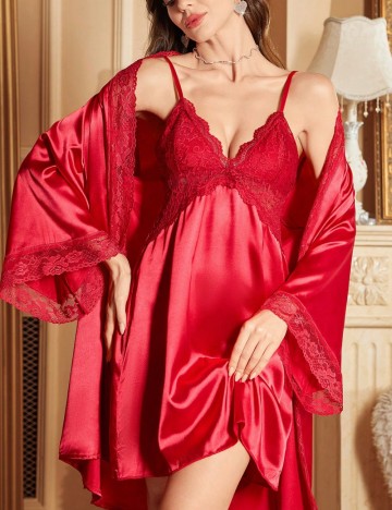 Set Rochie de Noapte și Halat Shein, roșu