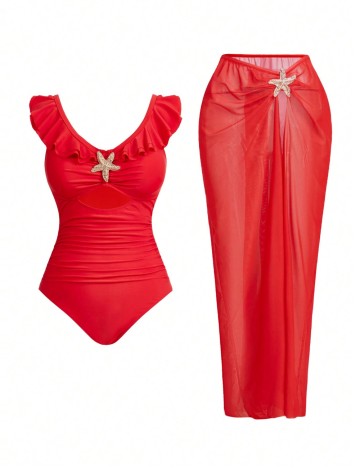 Set costum de baie și fustă Shein Curve+, roșu