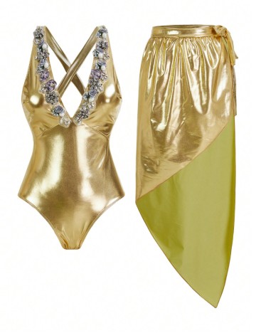 Set costum de baie și fustă Shein, auriu