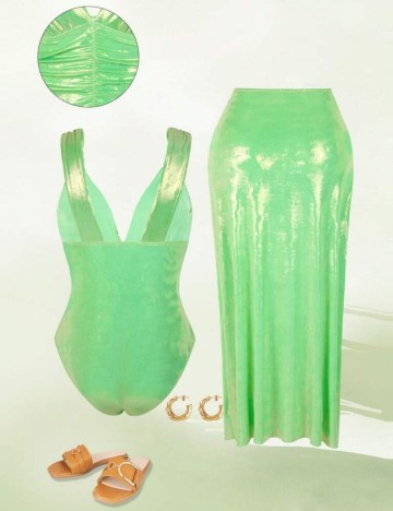 Set costum de baie și fustă Shein Curve+, verde