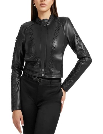 Jachetă imitație de piele Guess, negru