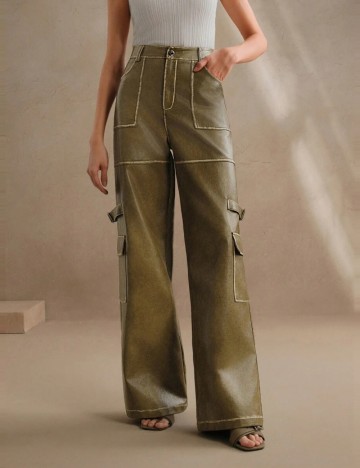 Pantaloni din imitatie de piele Shein Anewsta, kaki