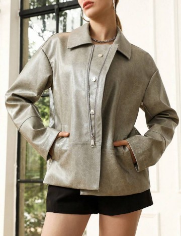 Geacă Imitație Piele Shein, gri