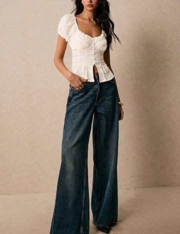 Cămașă cu m&acirc;necă scurtă Shein, crem