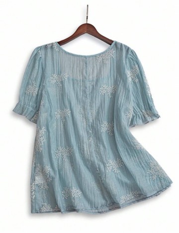 Cămașă cu m&acirc;necă scurtă Shein Curve+, albastru