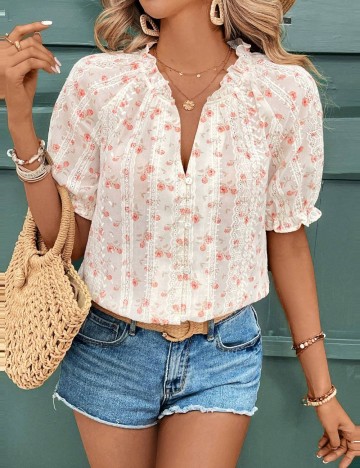 Cămașă cu m&acirc;necă scurtă Shein, crem