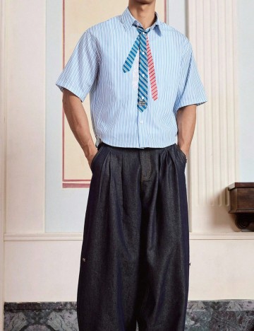 Cămașă cu m&acirc;necă scurtă Shein MANFINITY, albastru