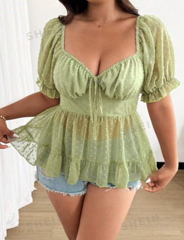 Cămașă cu m&acirc;necă scurtă Shein Curve+, verde