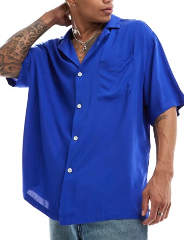 Cămașă cu m&acirc;necă scurtă ASOS, albastru