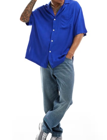 Cămașă cu m&acirc;necă scurtă ASOS, albastru