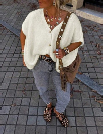 Pulover cu m&acirc;necă scurtă Shein, crem