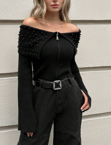 Pulover cu fermoar Shein, negru